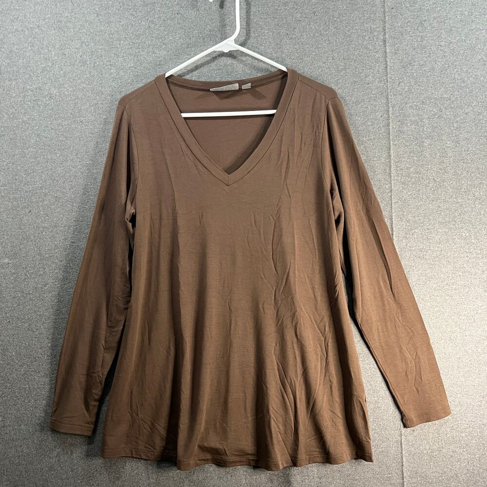 Susan Graver Lifestyle Reg Spa Knit V-Neck Long Sleeve A-Line T Driftwood Small